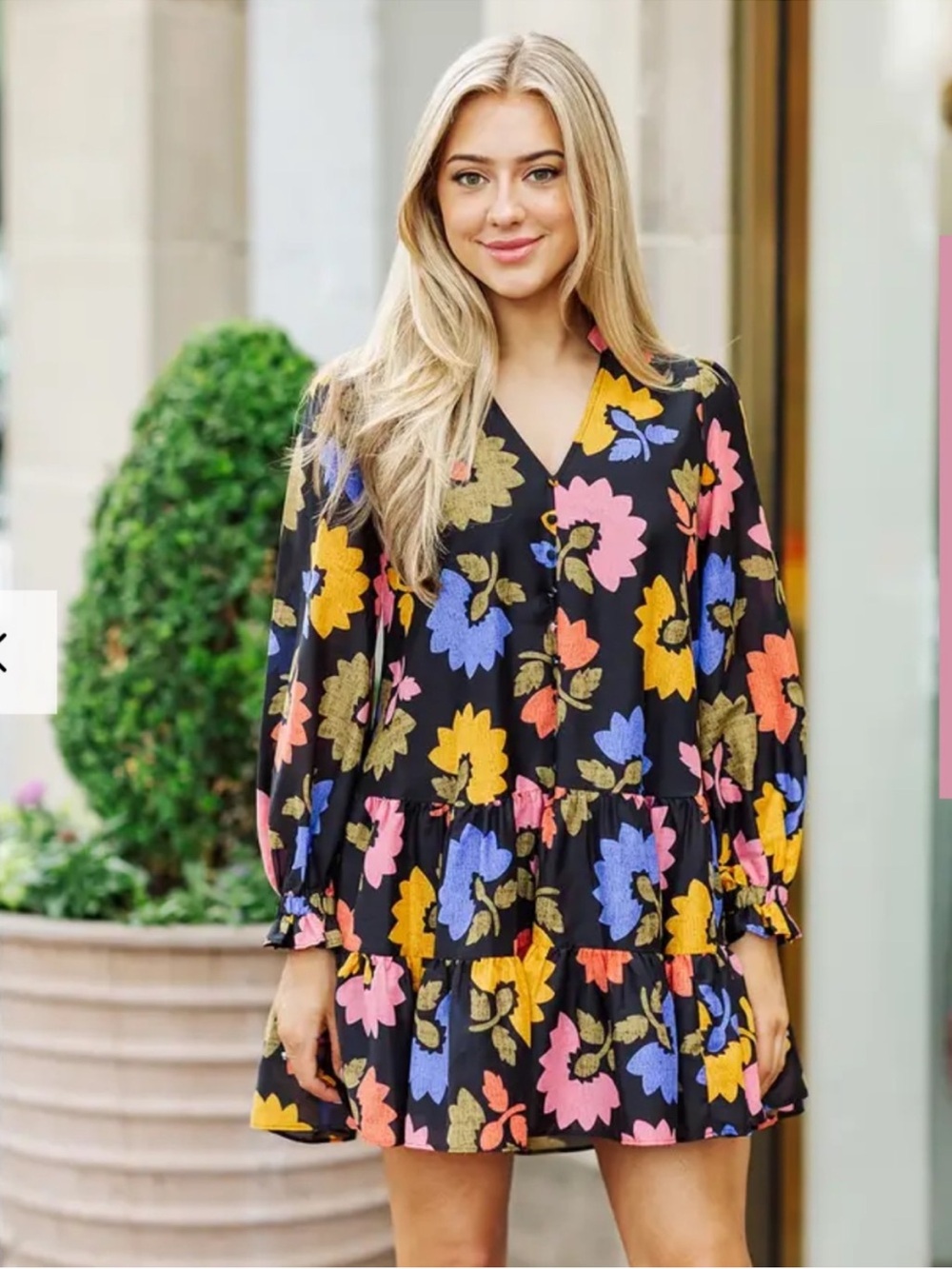 J. Marie Avery Floral Long Sleeve Tiered Mini Dress Size S Multicolor